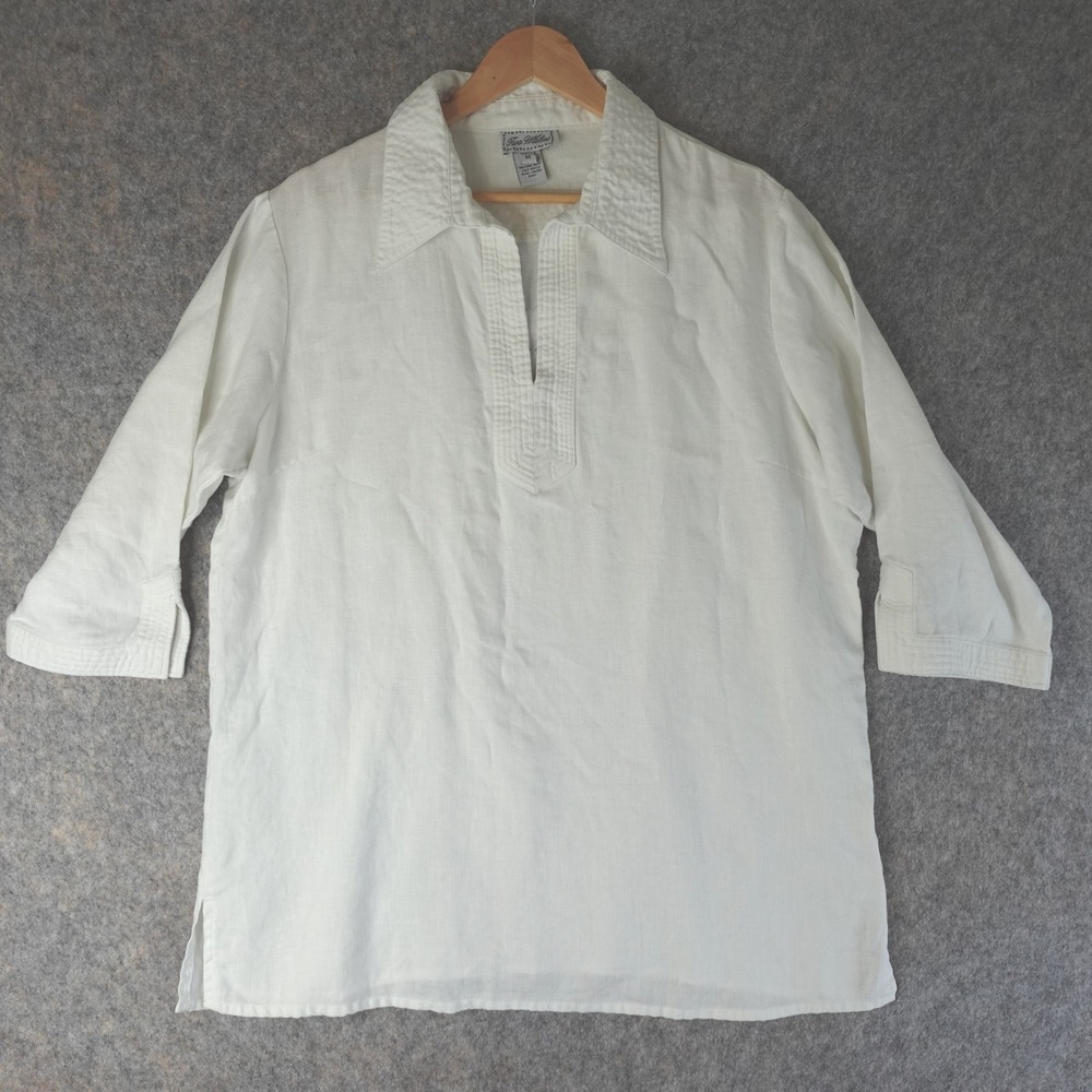 Vintage 90s Top Womens M White 100% Linen Tunic Beachy Coastal Minimalist Lagen